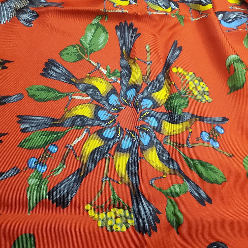 100% Silk Bird Print Scarf. 34" x 34". Orangish Red w/ Multicolor Birds - Picture 6 of 13